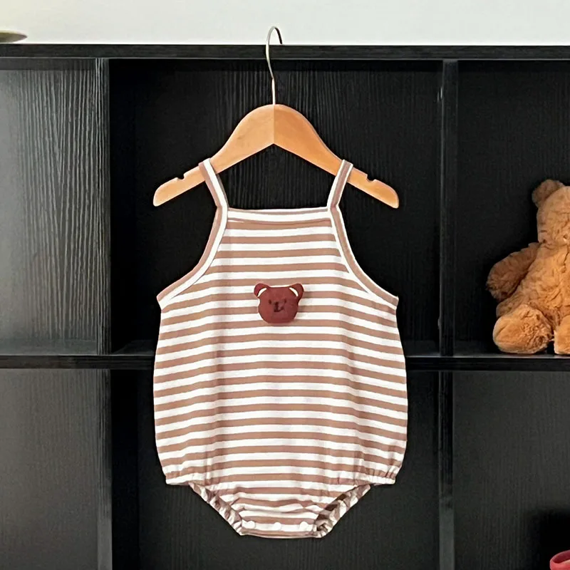 여아용 귀여운 곰 스트라이프 점프수트, 유아 슬링 원피스, 0-2T 얇은 스타일 바디 수트, 2024 여름 신상