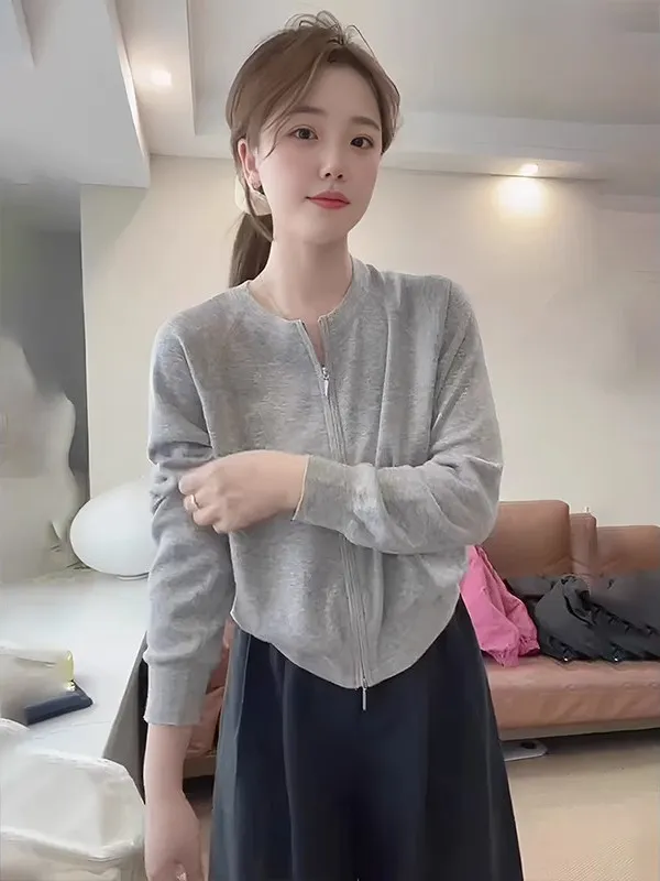 더블 지퍼 얇은 롱 니트 스웨터 여성용 루즈핏 봄 가을 가디건 아우터웨어 레이지 패션 탑