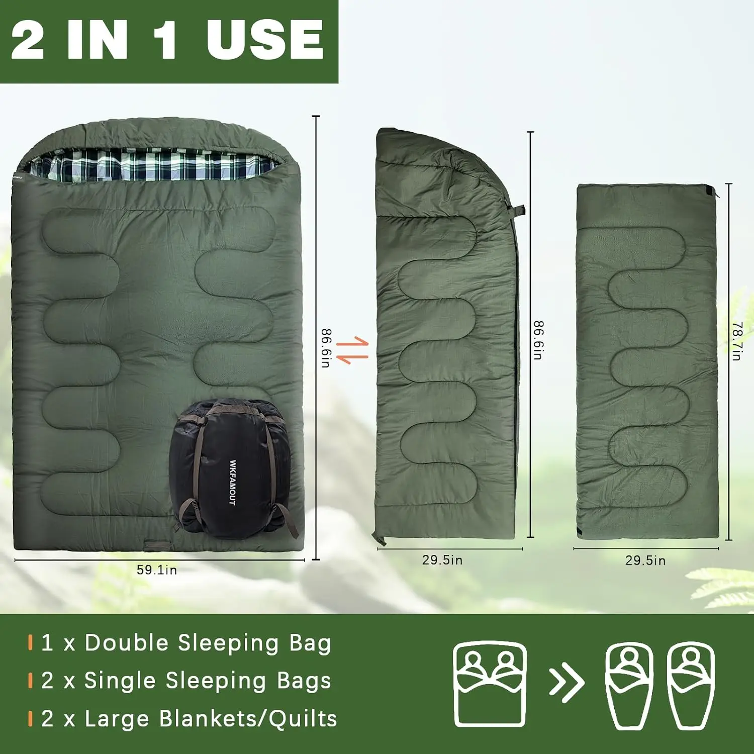 0 Degree Double Sleeping Bag for Adults Queen Size 2 Person Sleeping Bag for Cold Weather with Compression Sack for Car Camping,
