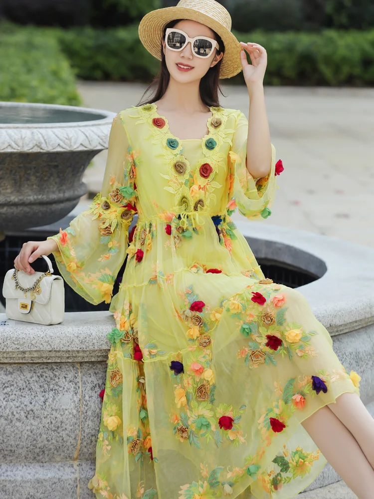 Spring New V-Neck Women's Seaside Holiday Elegant Luxury Embroidery+Tie Flower Flare Sleeve Adjustable Waist Dress One Size