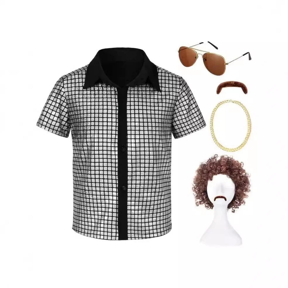 

Men's Shiny Metal Sequin Shirt Punk Style Long Sleeve Unisex Checkered Pattern Roleplaying Costume Non-Shrinking Ordinary Thi...