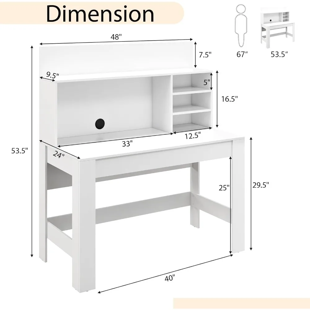 مكتب أبيض مع قفص، مكتب منزلي مع رف كتب، طاولة كمبيوتر محمول لمحطة عمل الكمبيوتر مع جهاز وكابل مضاد للانزلاق