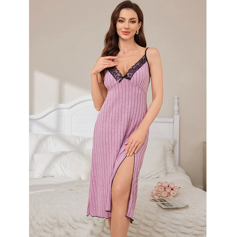 Purple Stripe Sleeveless Nightgown, Women Cami Slip Dress Lace Trim Bow, Soft Breathable Sleepwear Side Slit