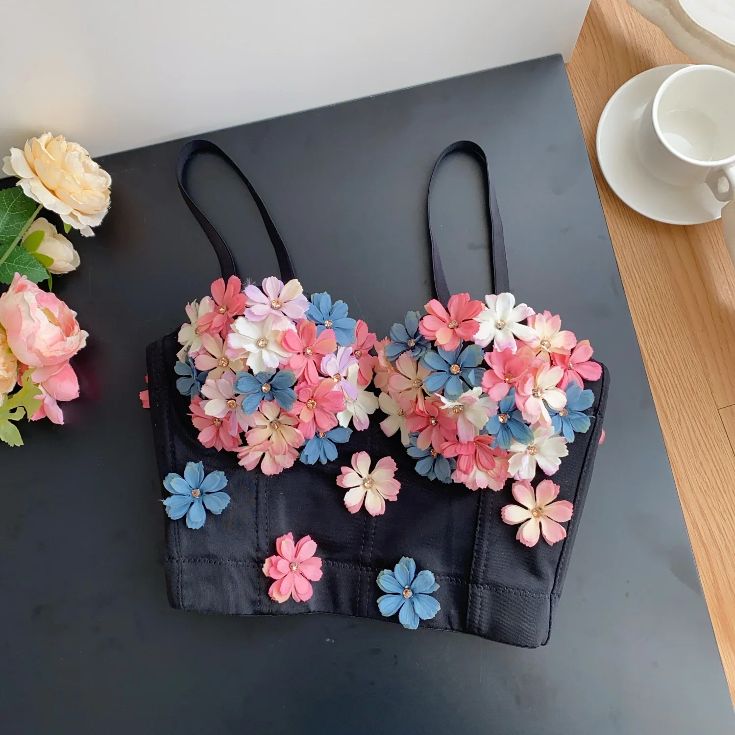 Sexy Hotsweet Backless Elegant Sleeveless Vintage Rhinestone Three-dimensional Flower Slim Beach High Street  Straps Camis Top
