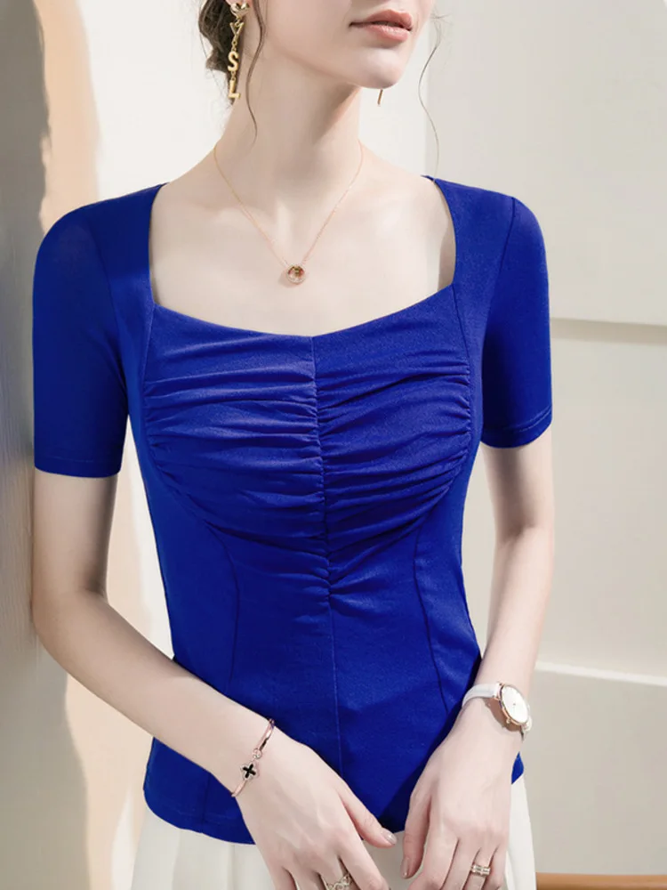 

Square Neck Mesh Base Women's Short Sleeved 2025 Summer New Pleated Splicing T-Shirt Top Solid Color Slim Fit Small Shirt