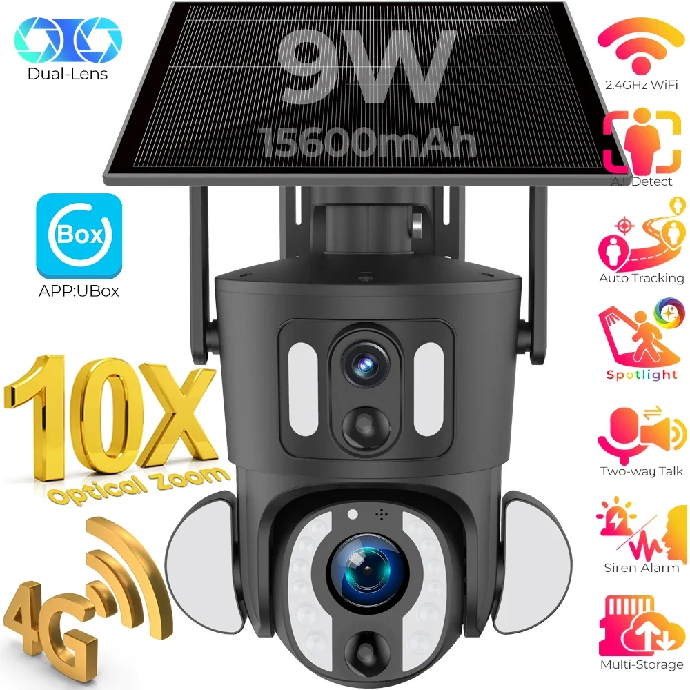 10X Optical Zoom Solar Camera Dual Lens 5MP WiFi/4G LTE SIM Card PTZ IP Camera Auto Tracking Dome Surveillance Camera PIR Detect