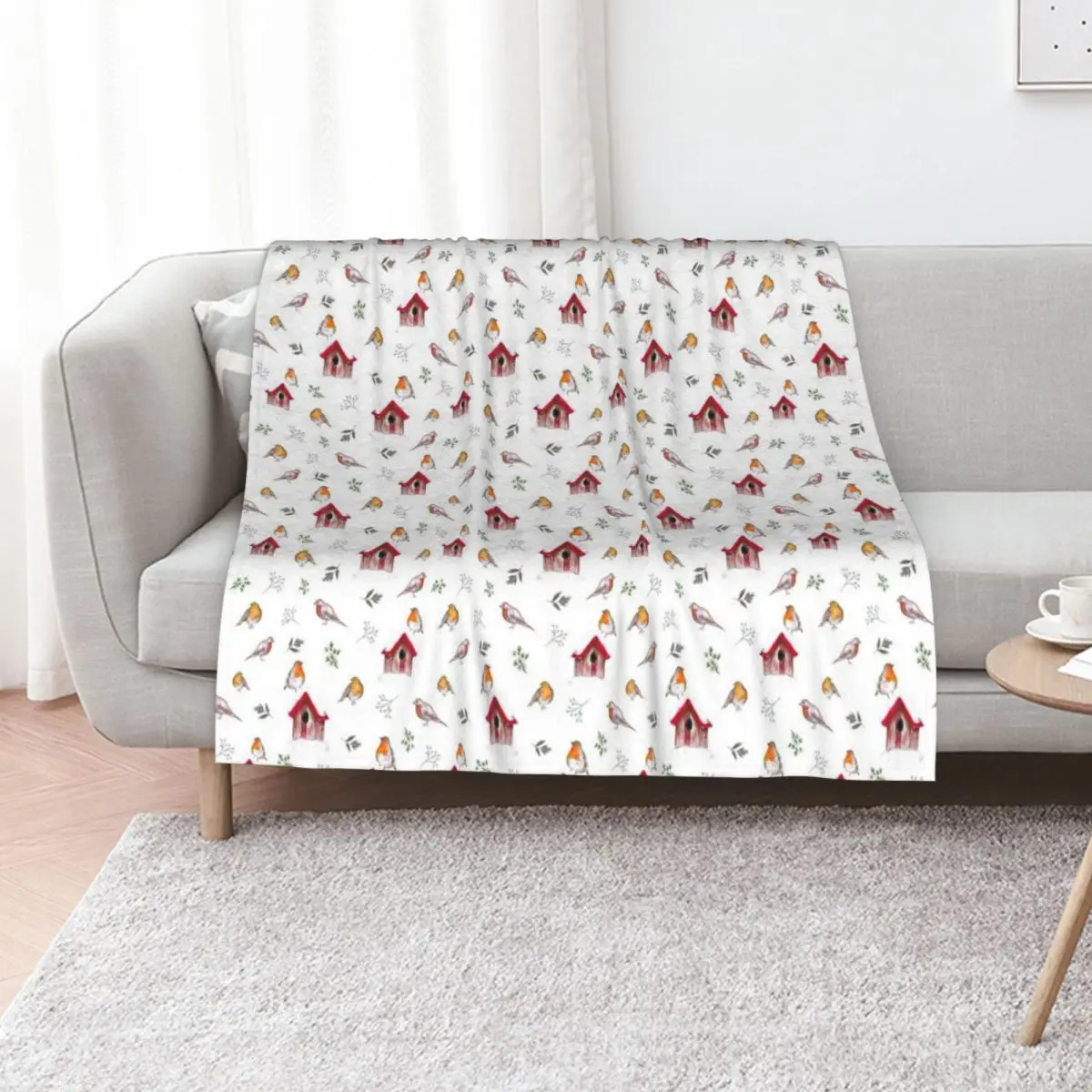 Cute Hand Illustrated Winter Robins and Foliage Throw Blanket Nap Soft Plaid Kid'S Beach Summer Bed Blankets