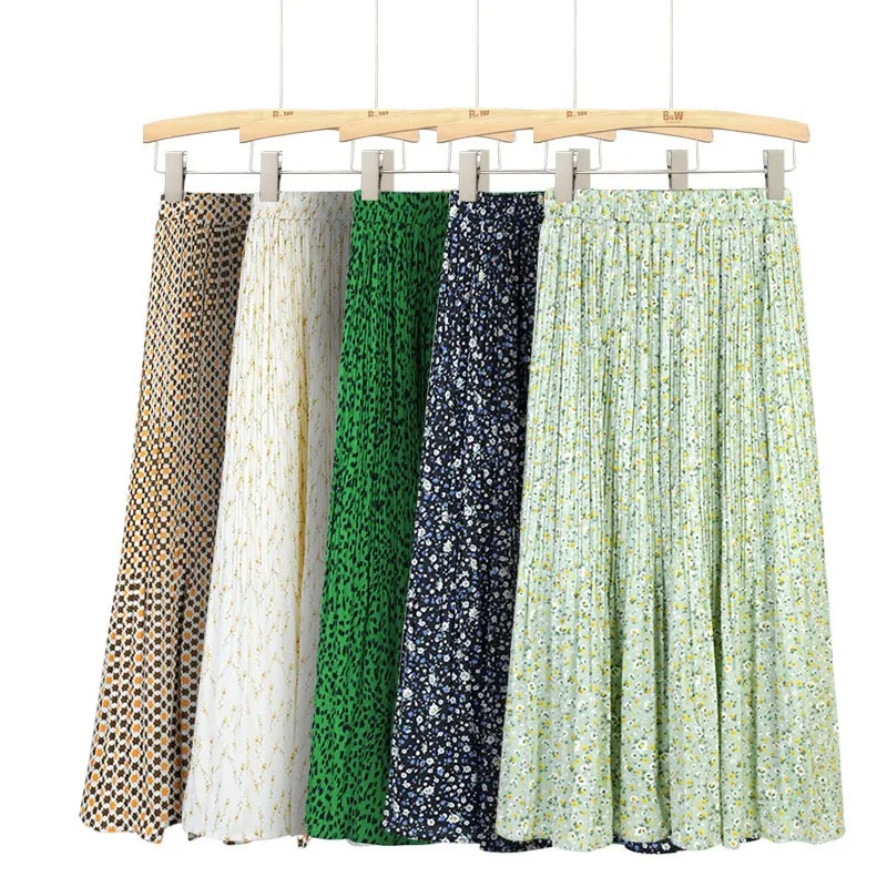

Women's Pleated Floral Half Skirt Harajuku Female Beige Print Long Skirt Y2K Dresses A-Line Women Summer Korean Fashion 2023
