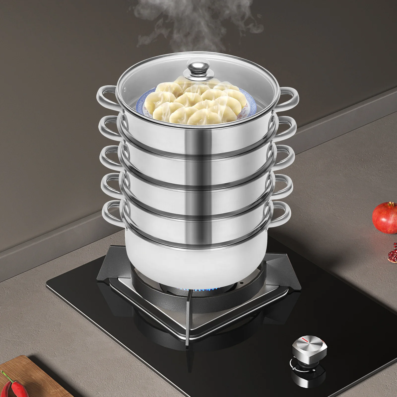 

5-tier Stainless Steel Steamer with 4 Steaming Grids for Steaming and Cooking Fish Shrimp Crab Rice Vegetables Steamed Buns Soup
