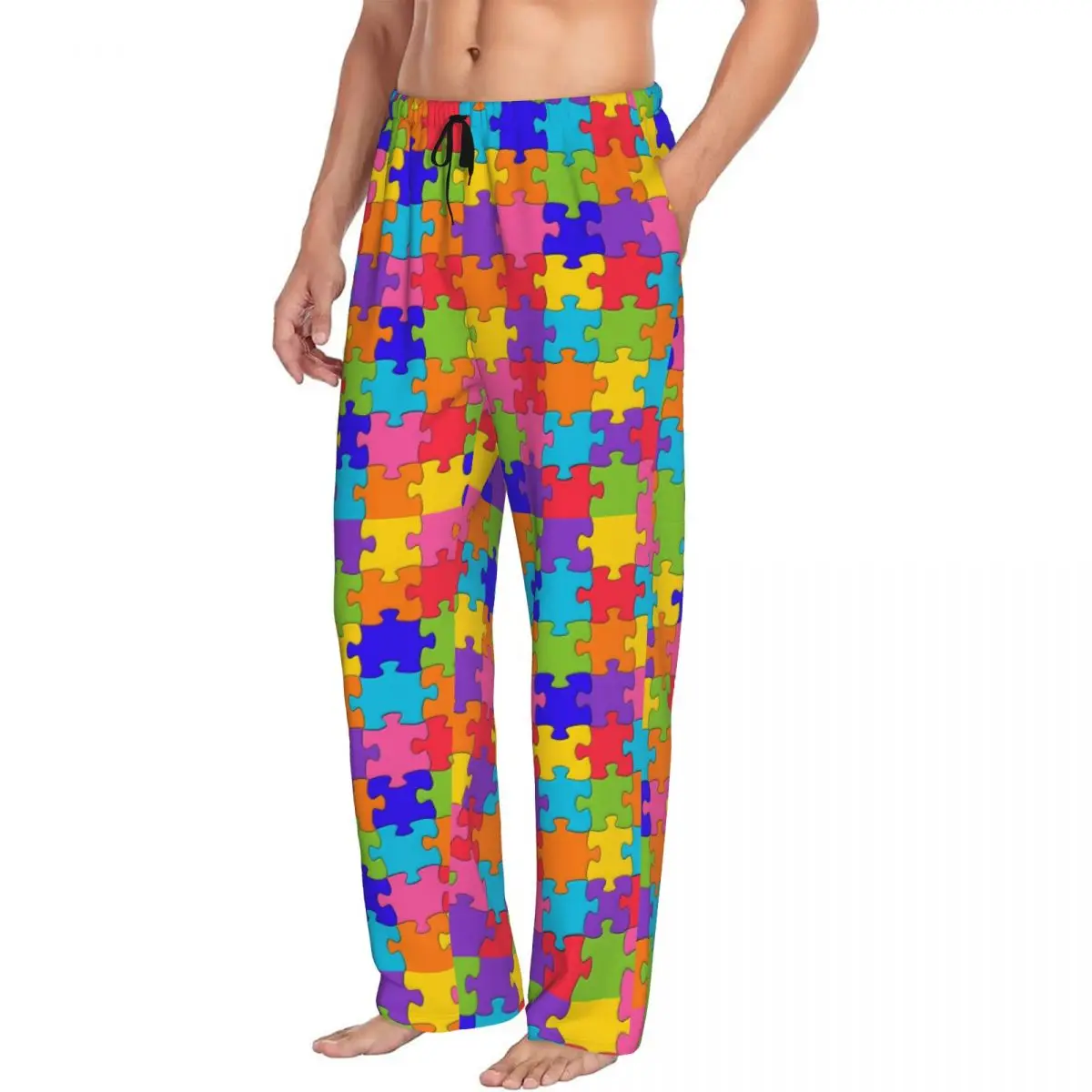 Calça de pijama puzzle colorido masculino, personalizada impressa, pijamas, fundo do salão do sono com bolsos, consciência do autismo