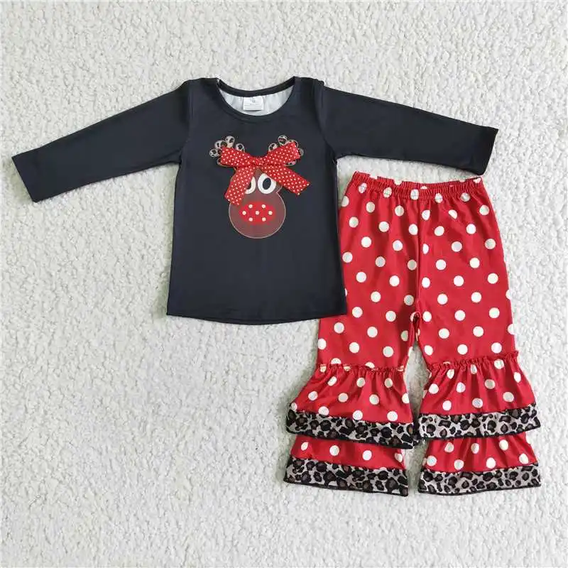 

2022 Baby Western Girls Christmas RTS Black Cute Elk Long Sleeve Shirt Red Dots Pants Girls Suit Hot Selling For Kids Fashion