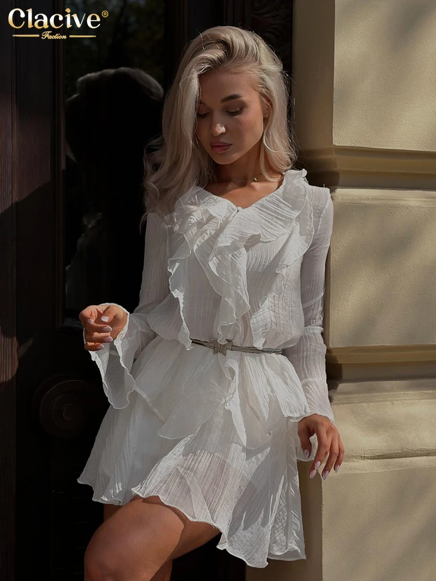 

Clacive Fashion Loose White Two Piece Set Woman 2025 Elegant Long Sleeve Shirt With High Waist Mini Skirt Set Female Streetwear