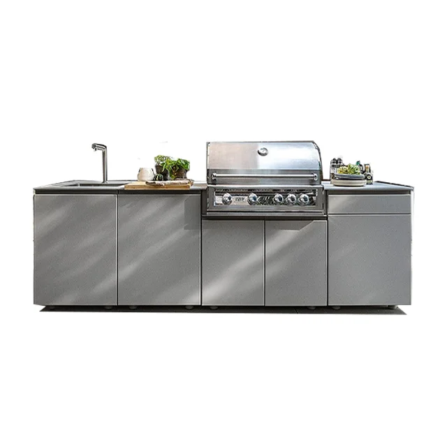 Maßgefertigte Metall-Edelstahl-Outdoor-Küche BBQ-Schrank Außen-Garten-Holztür Komplettes Set BBQ-Küchenschränke