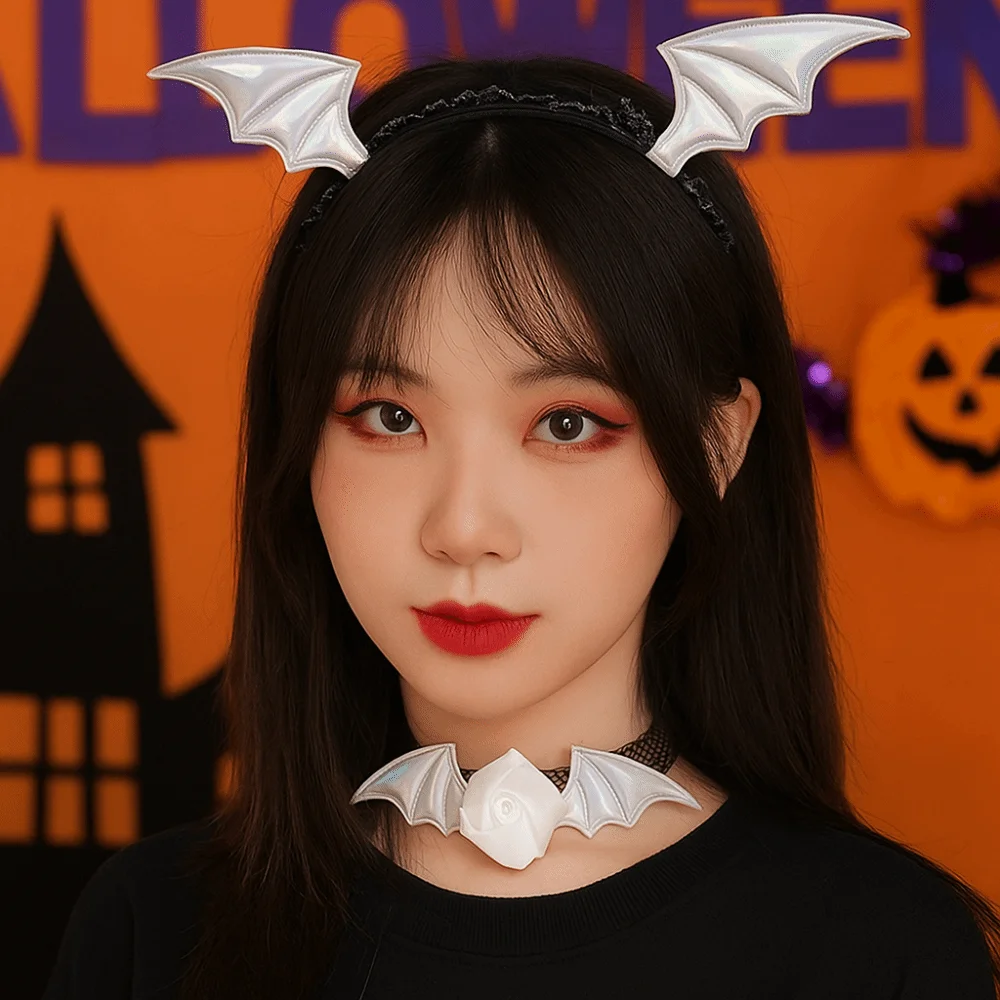 أزياء زهرة الخفافيش أجنحة هيرباند شبكة بو الجلود عقال قلادة مجموعة القوطية الدانتيل هالوين الشعر هوب الاطفال