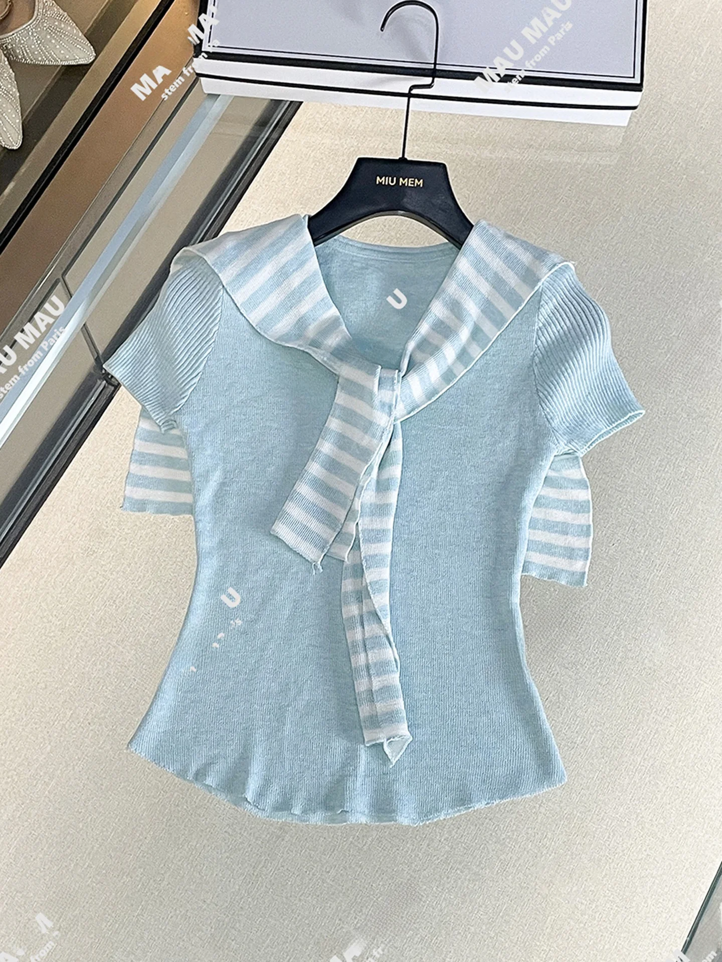

High-End Summer 2025 Women's Knitted Scarf irt Striped Small Fraance Sle Top Svel Crew Ne ort Length Commute ...