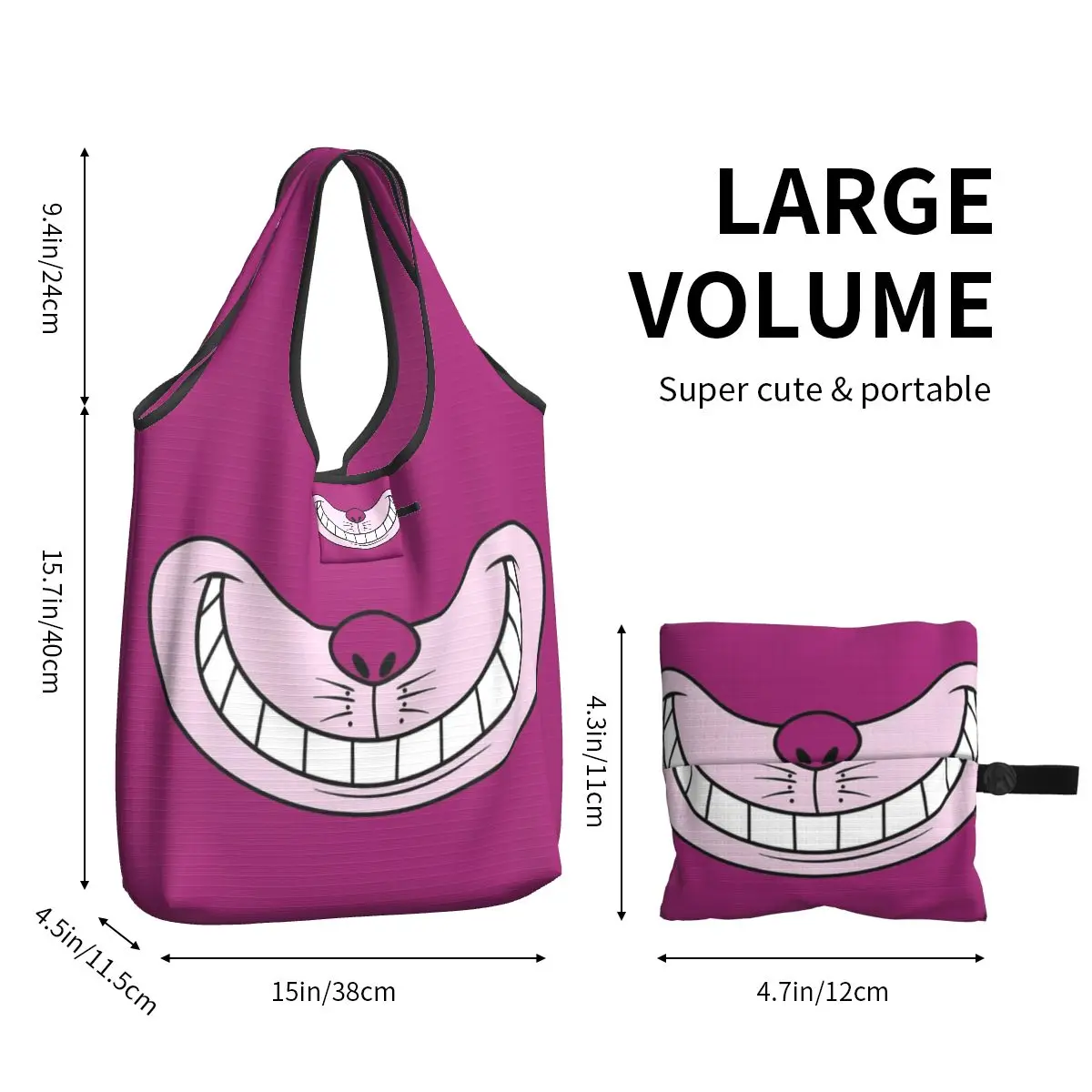 Cheshire The Cat Funny Cartoon Grocery Bag Large Recycle Foldable Shopping Tote Bag Attached Pouch