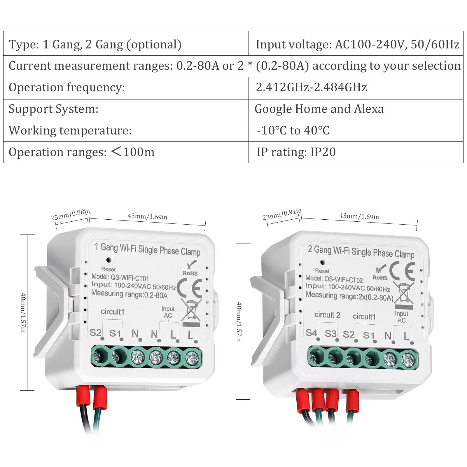 Tuya WiFi 2 Gang 80A Single Phase Clamp Solar PV Bidirectional Two Way Energy Meter Mobilephone APP Control Current Transformer