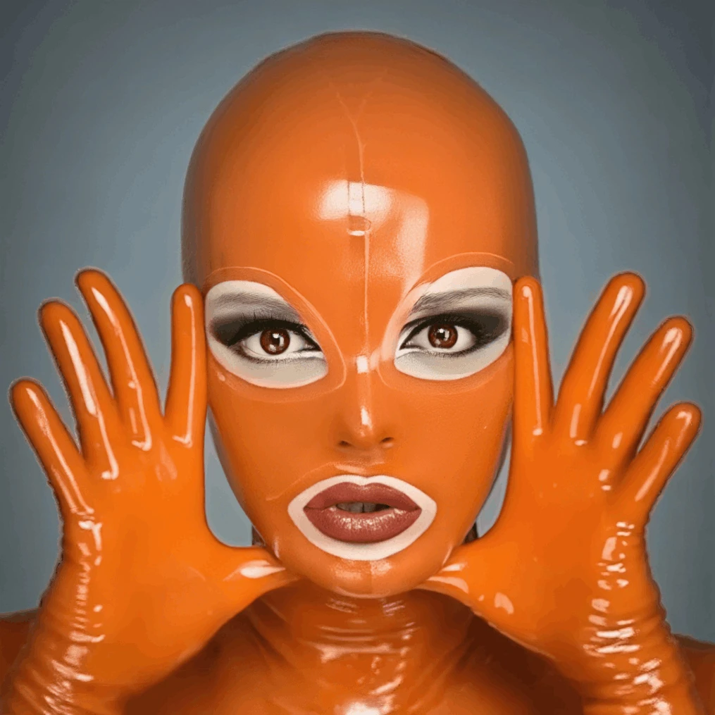 

Orange Latex Open Mouth With Open Eyes Latex Hood Mask Rubber Headgear Club Wear Cosplay Party