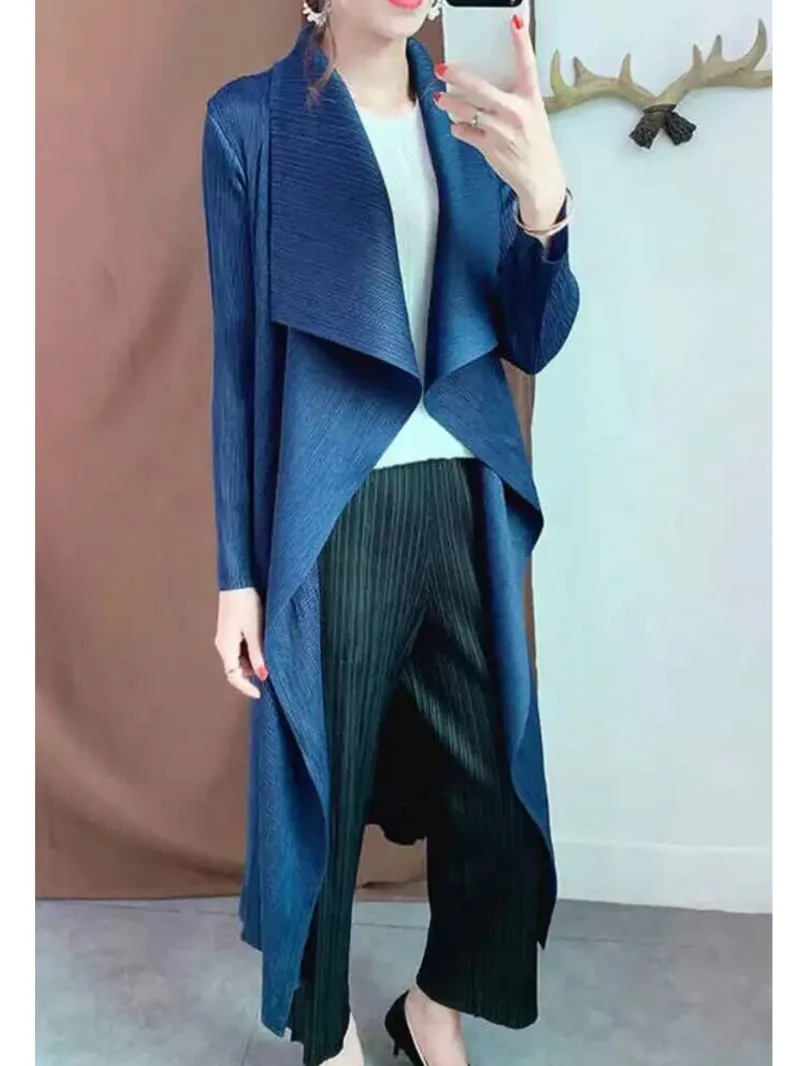 Coat Pleated Trench For Women Lapel Long Sleeves Solid Color Loose Cardigan Outwear Clothing 2025 Spring Summer I9UB