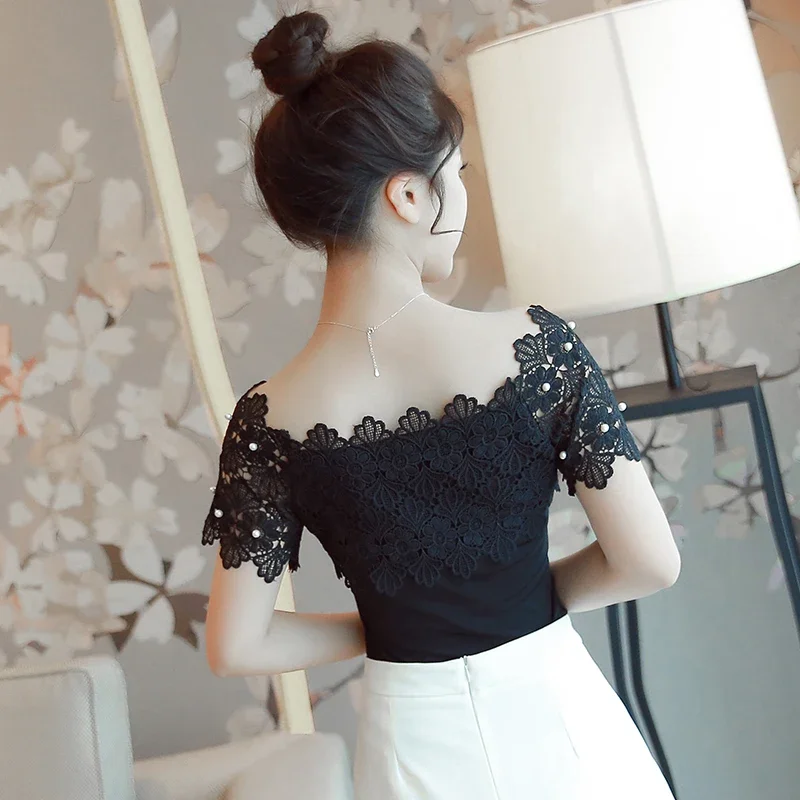 Summer Casual Sexy Women Tops And Blouses Short Sleeve Hollow Out Fashion Elegant Blouses Women Ladies Lace Patchwork Blouse 80F