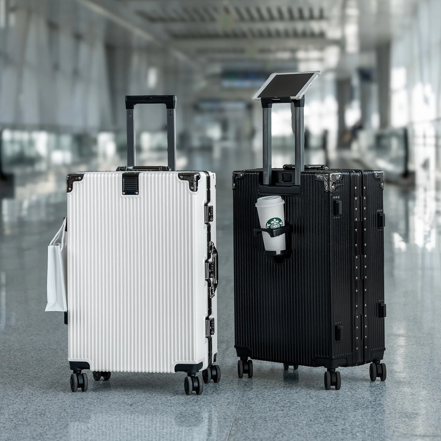 

2-Pieces set luggage,20+26 inches in size,a hard-shell suitcase with 108 rivets, , featuring silent all-terrain wheels, a cup holde