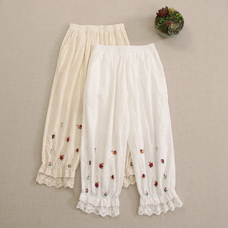 

Sweet Mori Girl Lace Embroidery Loose Cotton Bloomers Women Japan Style Elastic Waist Casual Loose Nine Point Pants