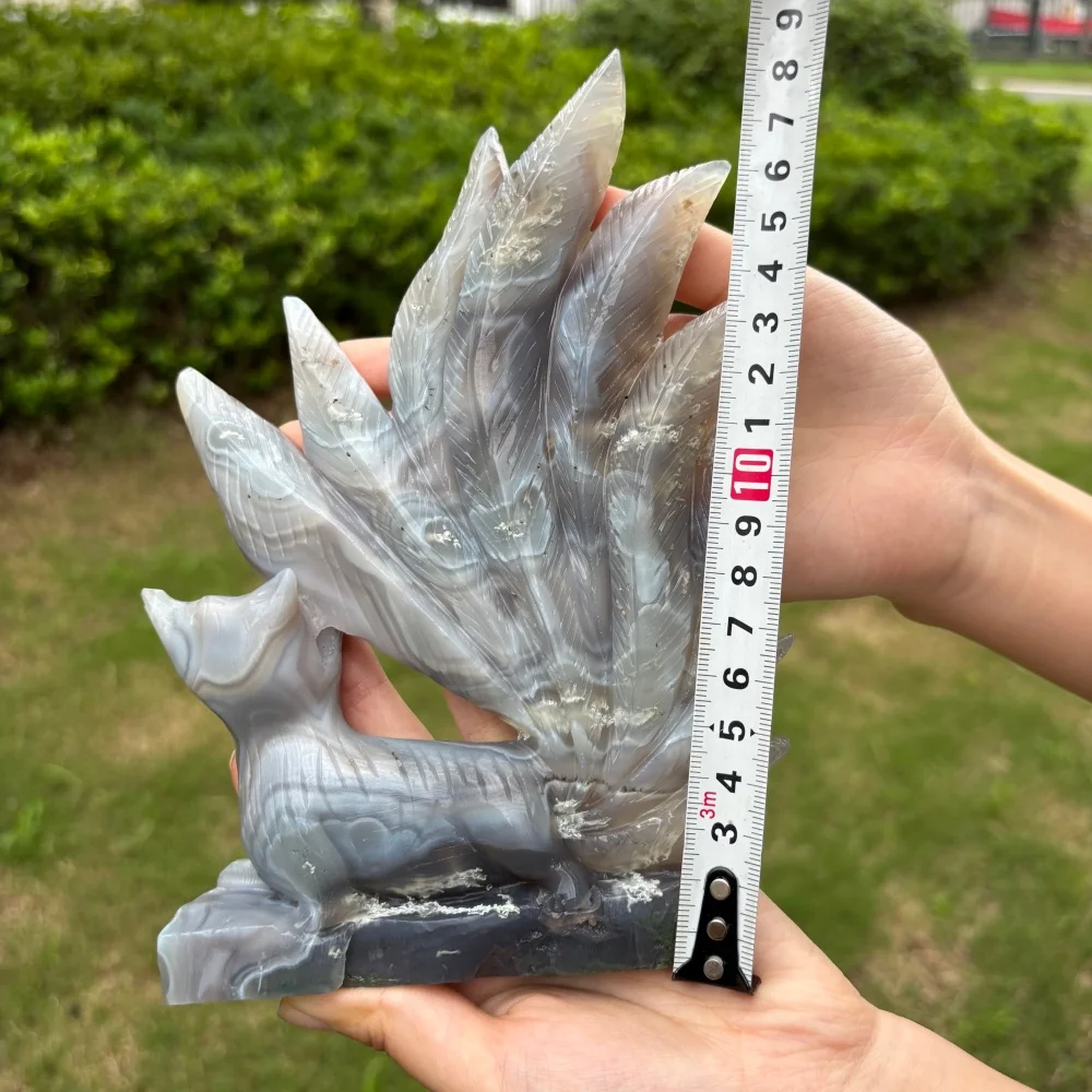 1PCS Natural Agate Geode Nine-Tailed Fox Crystal Carving Feng Shui Healing Lucky Gift Fashion Feng Shui Home Decoration