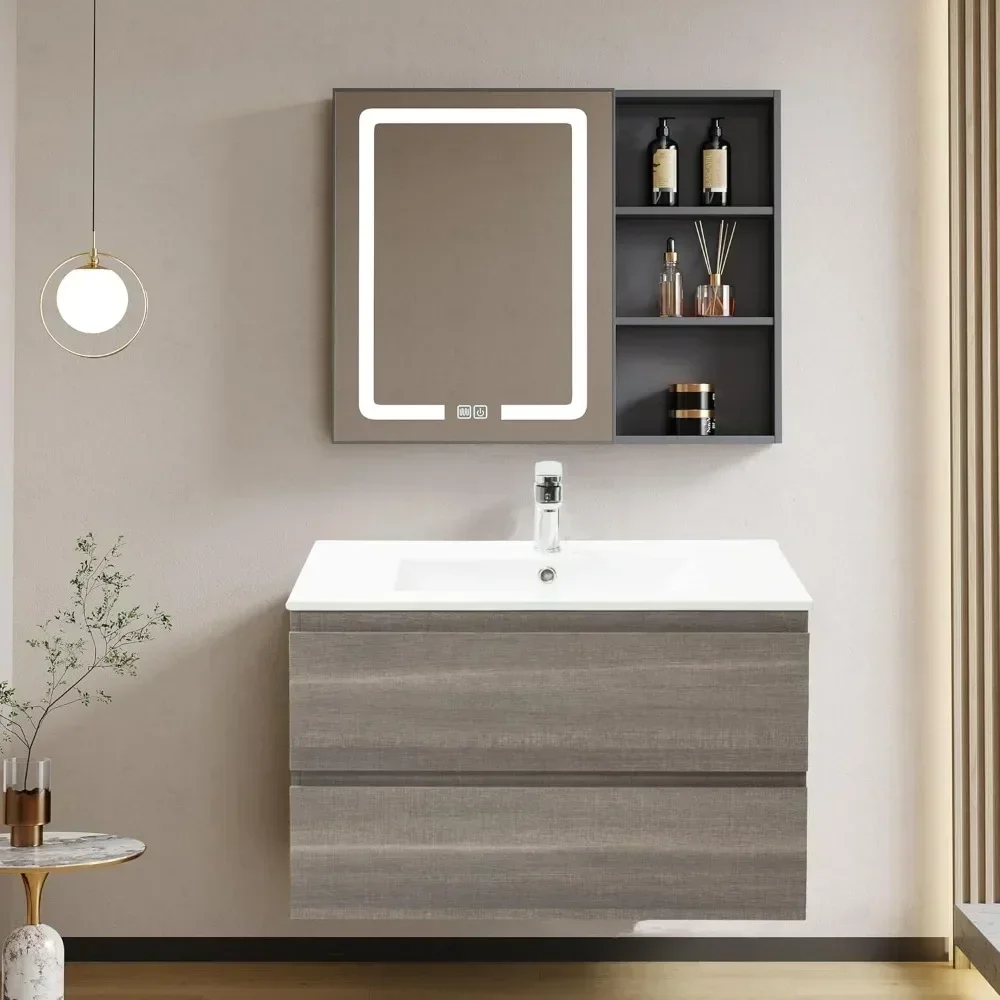 Bathroom Vanity Wall Mounted Floating Vanity Two Drawers Storage Cabinet with Ceramic Integrated Sink