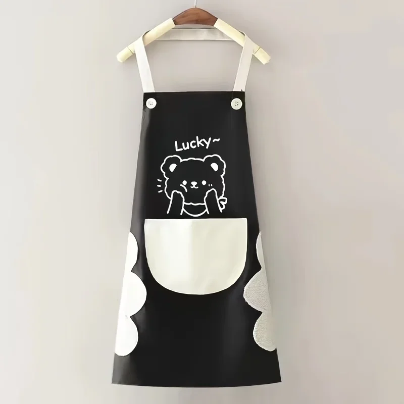 Cartoon Bear Couple Kitchen Apron Adjustable Straps for Men Women PVC Hand Wiping Easy Clean Cooking Dining Household Chores