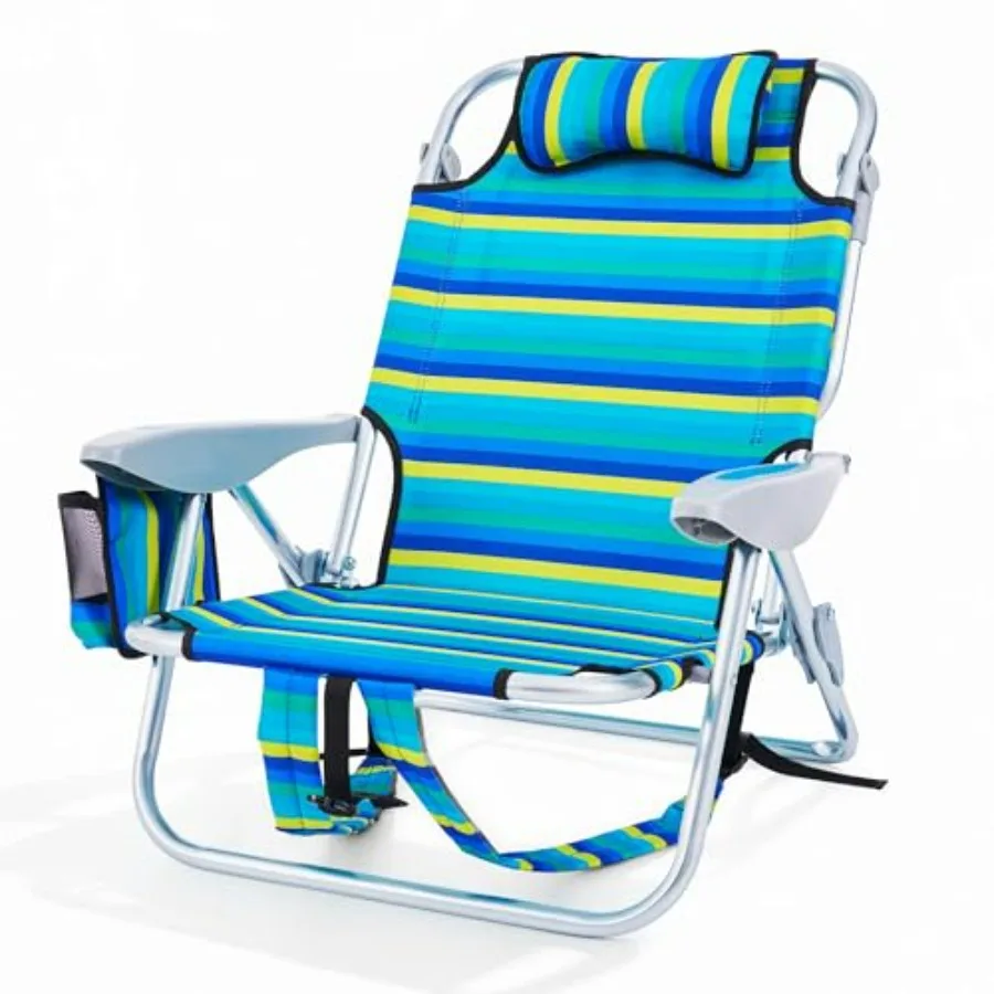 

Portable Beach Chair for Adults: Outdoor Lightweight Camping Chair, Polyester Striped, 5-Position Lay-Flat Reclining with Headr