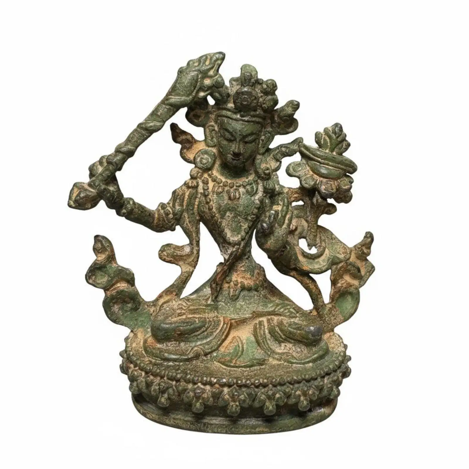 2 Pieces Divine Scholar Figure and Guanyin Figurines Intricate Details Green Patina Bodhisattva Statues Tibetan Bronze Statue