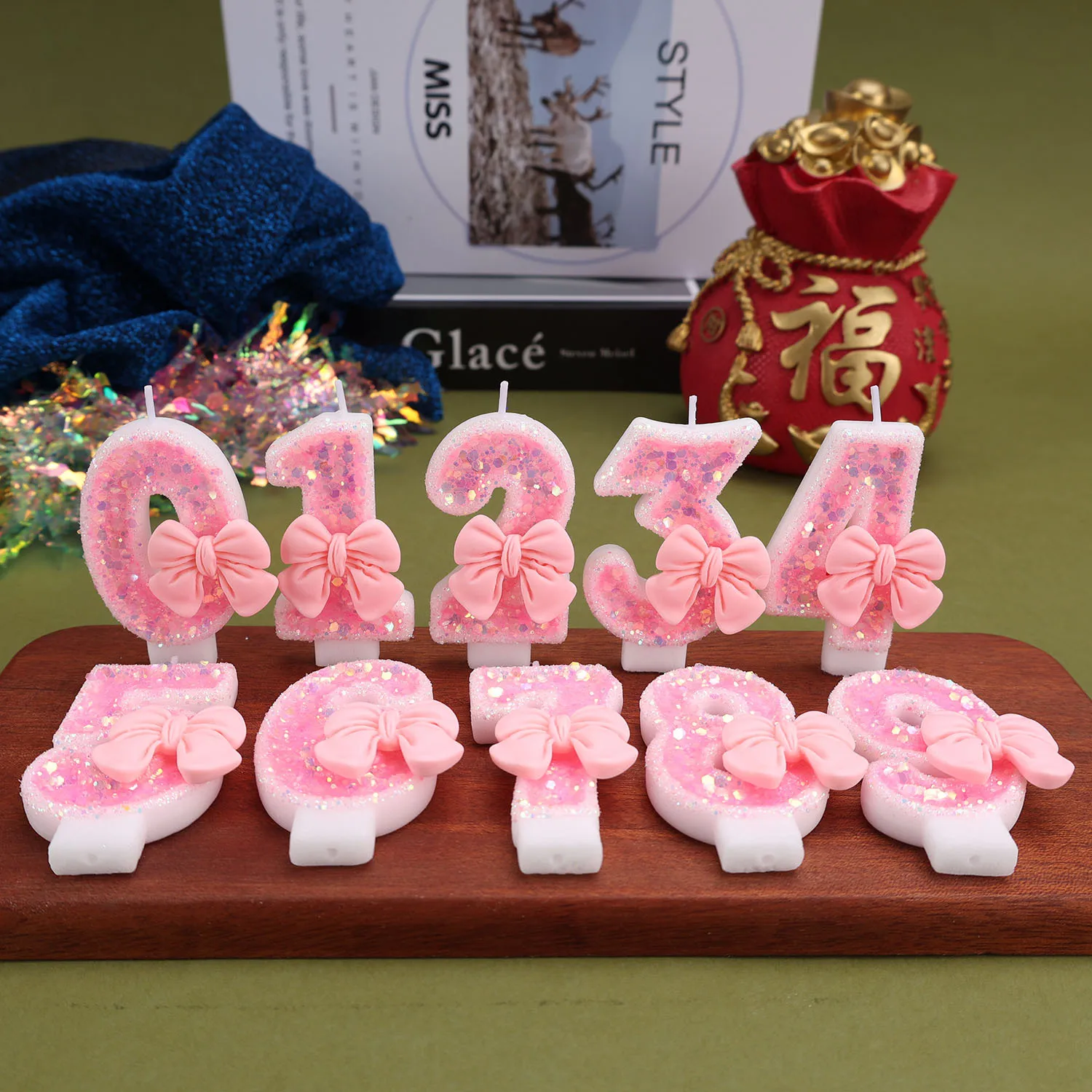 Light pink bow-shaped number candles - sweet cake decoration candles, holiday anniversary candles, party gifts