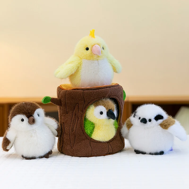 Simpatico cartone animato uccello con foro per albero foglie pappagallo kawaii passero peluche decorazioni per la casa bambole di pezza bambole di animali morbidi regalo per i bambini