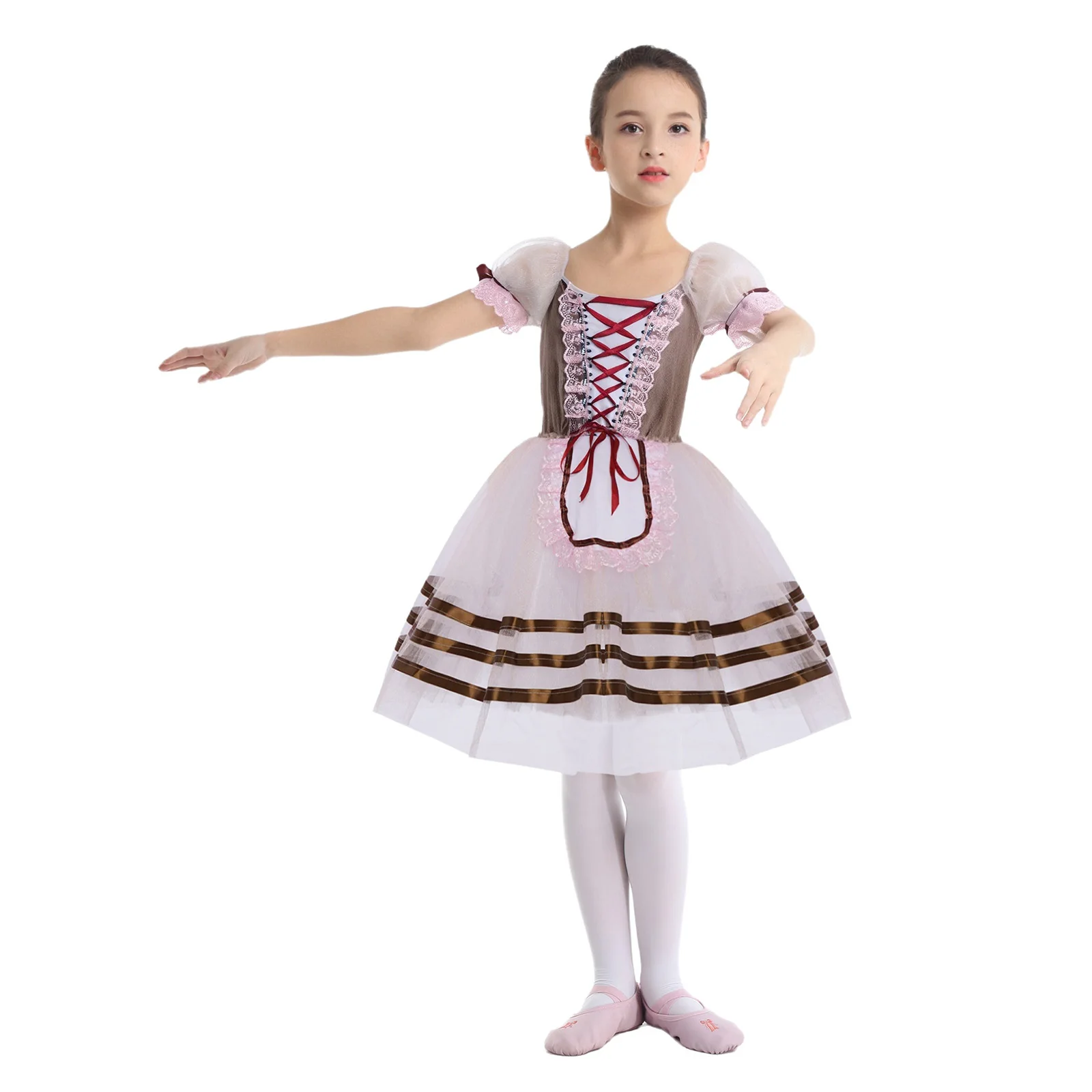 

Kids Girls Lyrical Ballet Tutu Dress Puff Sleeve Lace Trim Velvet Bodice Layered Skirt for Stage Ballroom Dance Performance