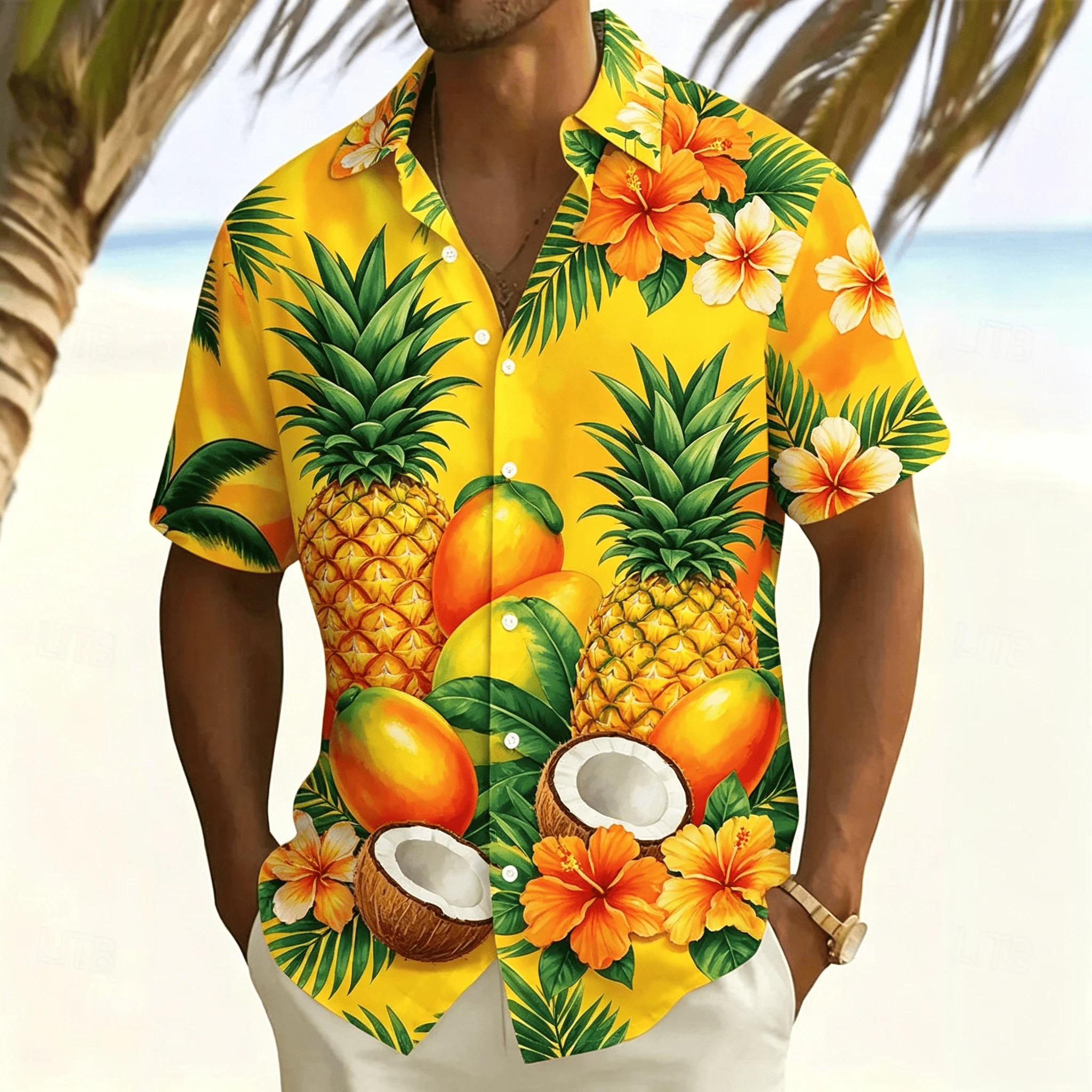 

Men's Tropical Pineapple Print Hawaiian Shirt, Hibiscus Flower, Summer Casual Beach Style