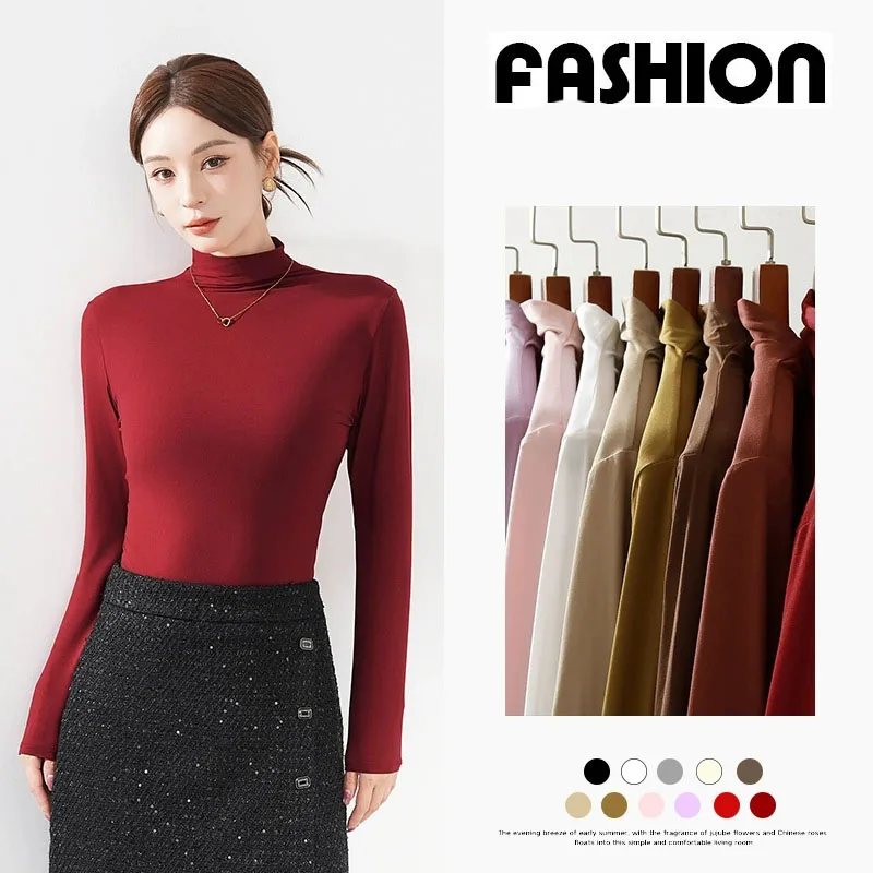 2025 New Half-High Collar Shirts Woman Fall Winter Slim Fit Inner Wear Bottoming Blouse Female All-Match Soft Comfy Basic Shirt