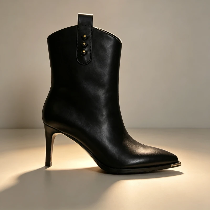 Autumn and Winter Pointed Toe Stiletto V-Cut Western Short Boots for Women, Metal Anti-Kick Toe Rivet Decoration Soft Leather Boots, Side Zipper Commuter Style Elegant Black Versatile High-Heeled Ankle Boots for Women