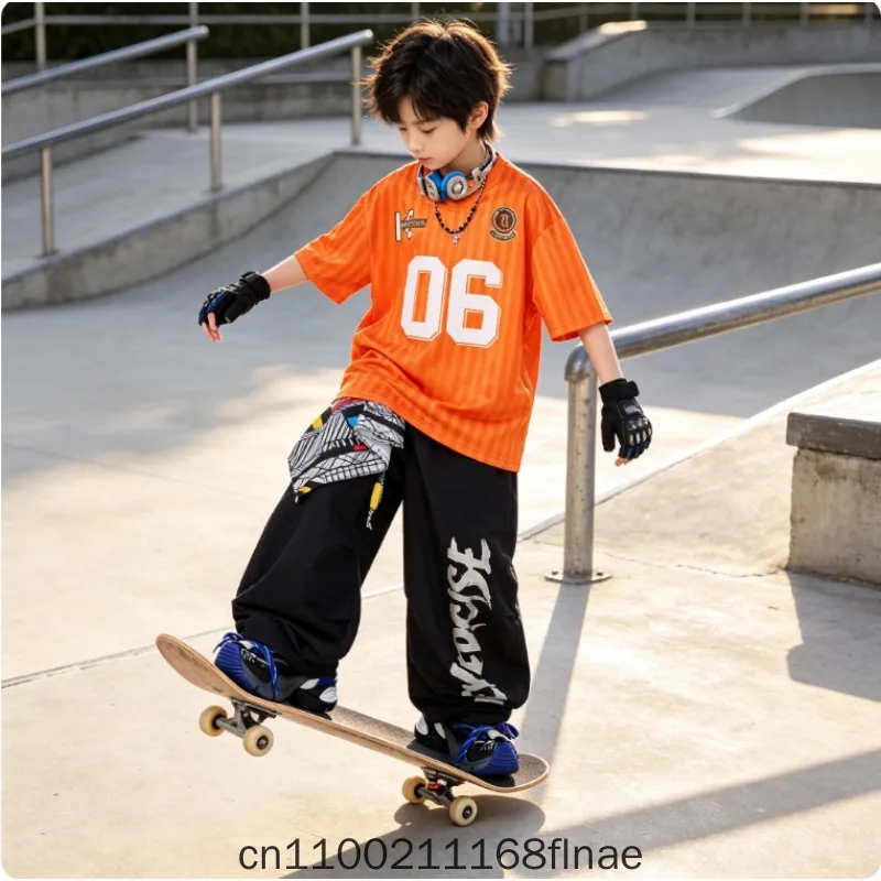 Children's Street Dance Costume Performance Set, Boys' Hip-hop Girls' Drum Set, Orange Digital T-shirt