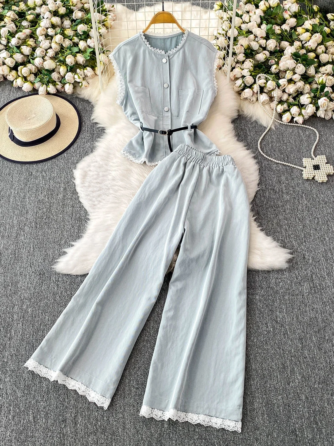 

2025 New Faionable Age-Defng Lace-d round Ne Svel Waist-Cinched Denim Vest Top Set High Waist Wide Leg Pants