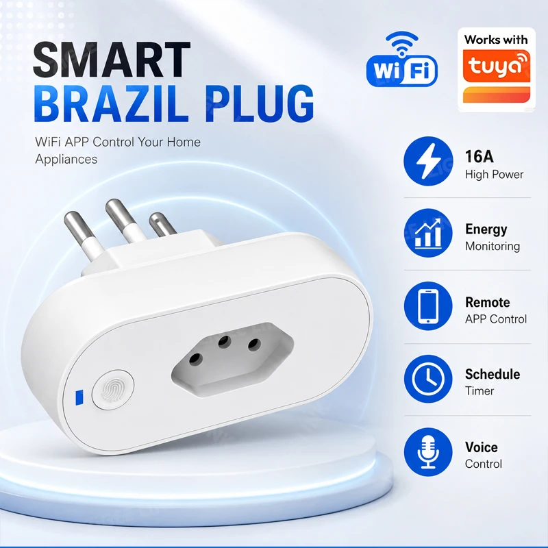 WiFi 16A Brazil Smart Socket Energy Monitor Timing Function APP Remote Control Voice Assistant Household Smart Outlet Adapter
