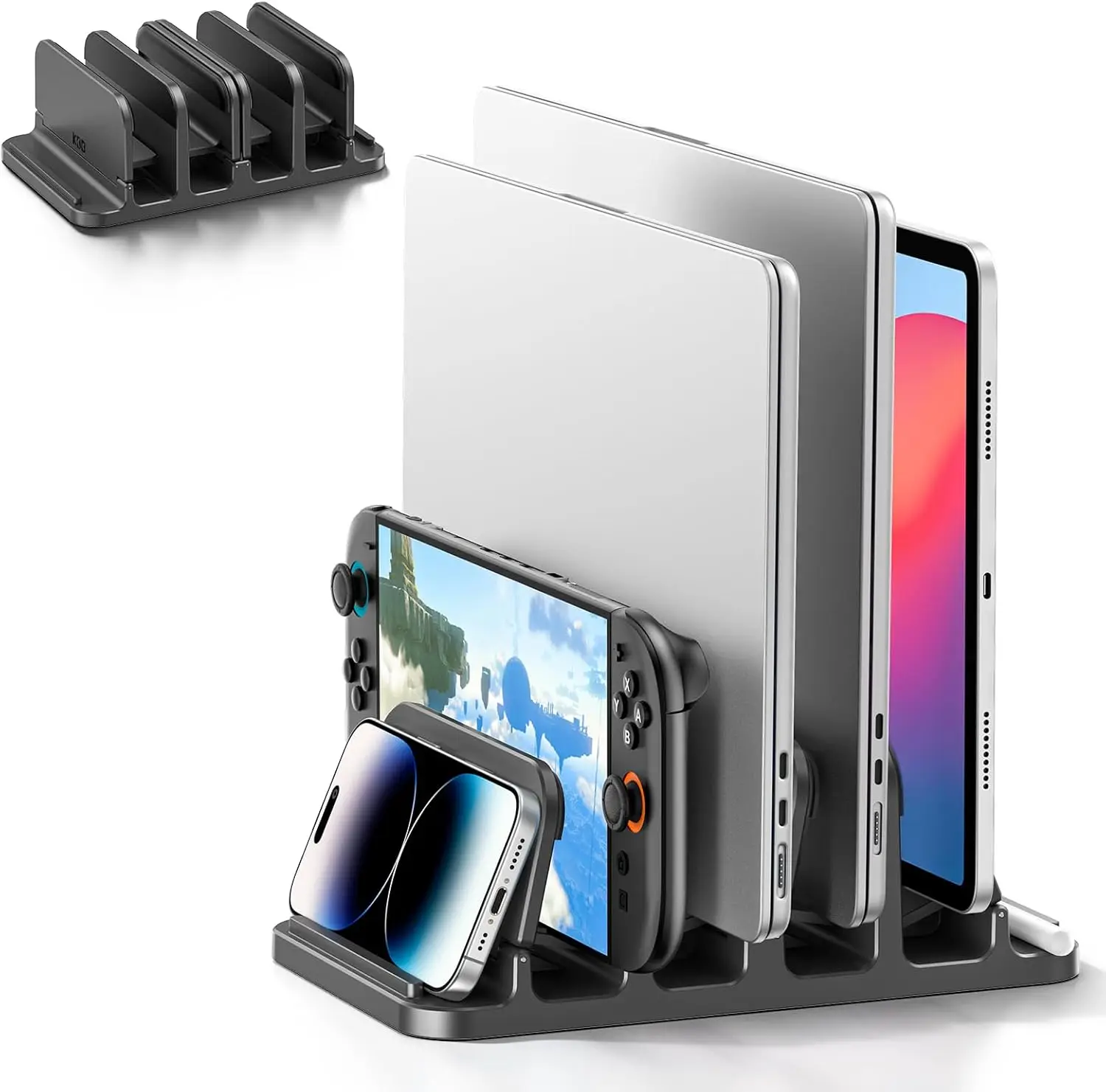 

Вертикальная подставка для ноутбука с 4 слотами и гравитационным замком, подходит для MacBook, Dell, HP, Surface, планшетов и телефонов