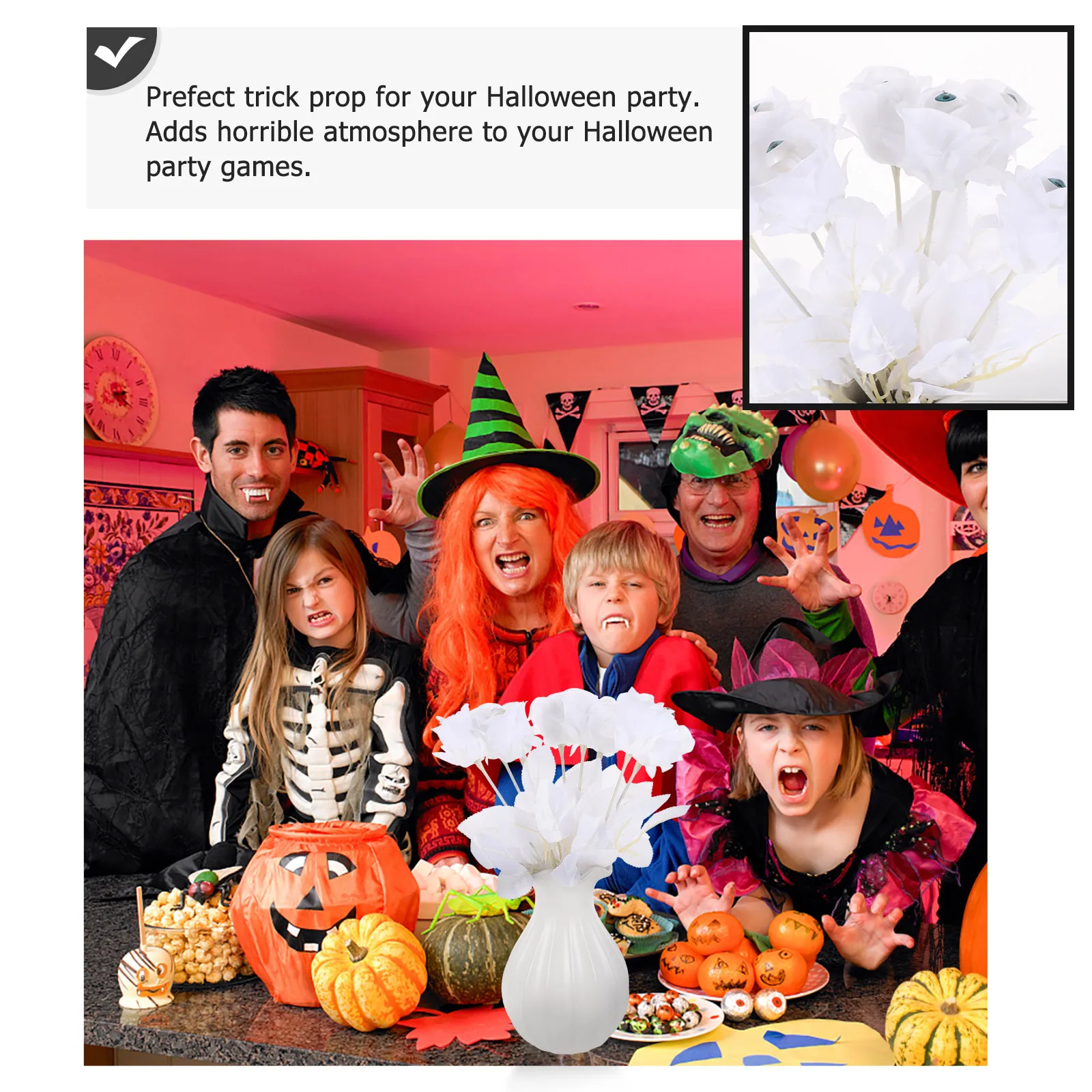 

8pcs White Simulated Rose Decoration Eyeball Roses Halloween Party Room StoreHaunted House Decor Artificial Flowers