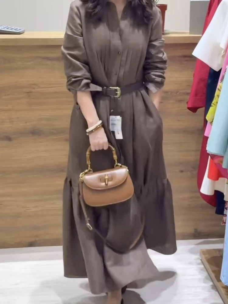 أنيقة التنقل مطوي قميص فستان موضة التلبيب زر جيب الصلبة فستان طويل 2025 عادية كم طويل فستان الحفلات النسائية #4