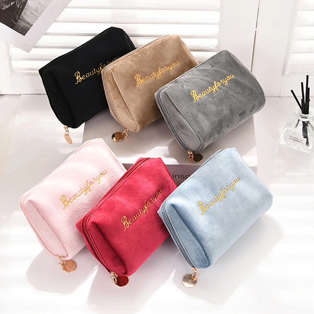 Women Simple Zipper Velvet Makeup Bags Cosmetic Bags Handbags Lipstick Pouch