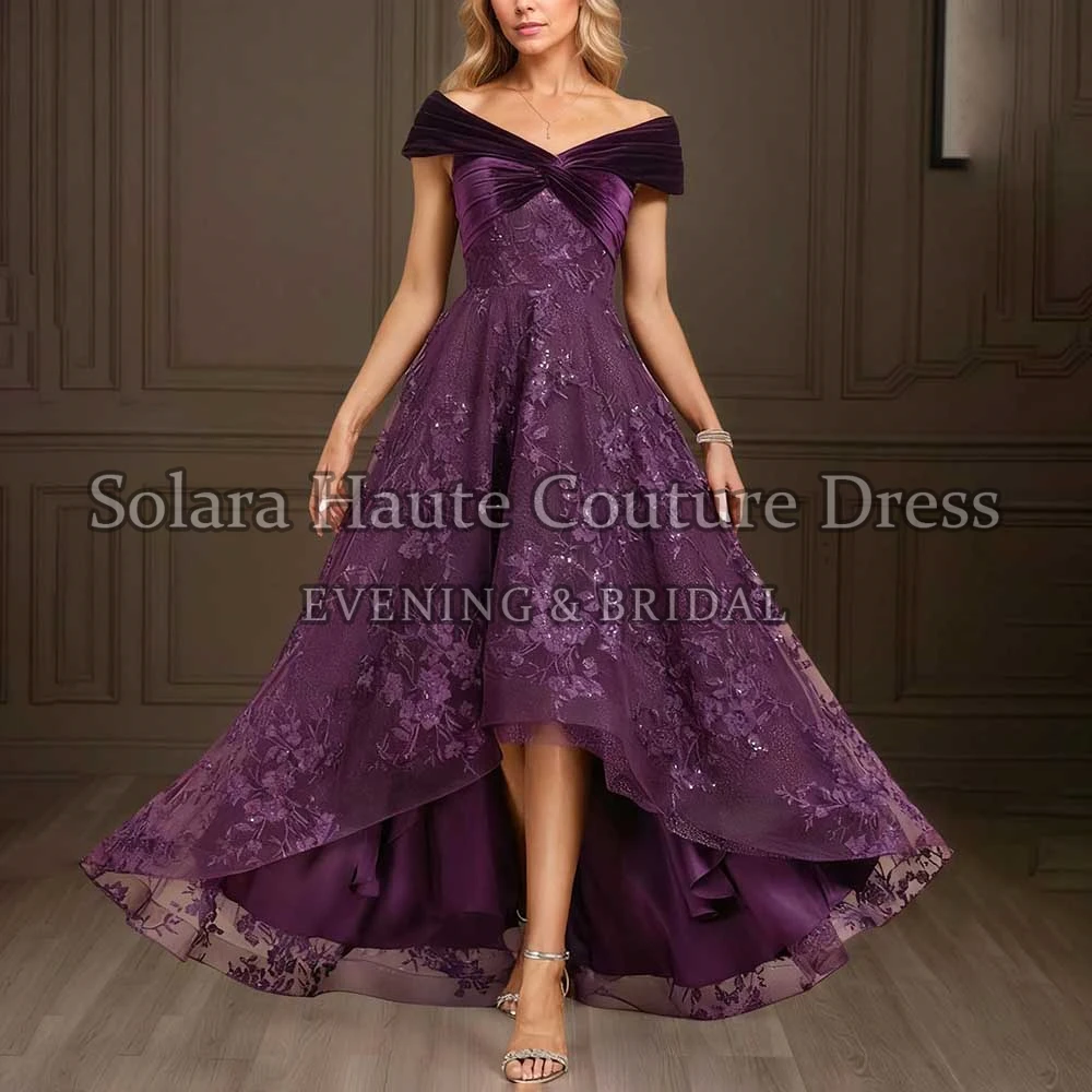 Elegant Floral Sequin High Low A Line Lace Evening Gown Purple Off Shoulder Velvet Twist Bodice Wedding Guest Prom Party Dress