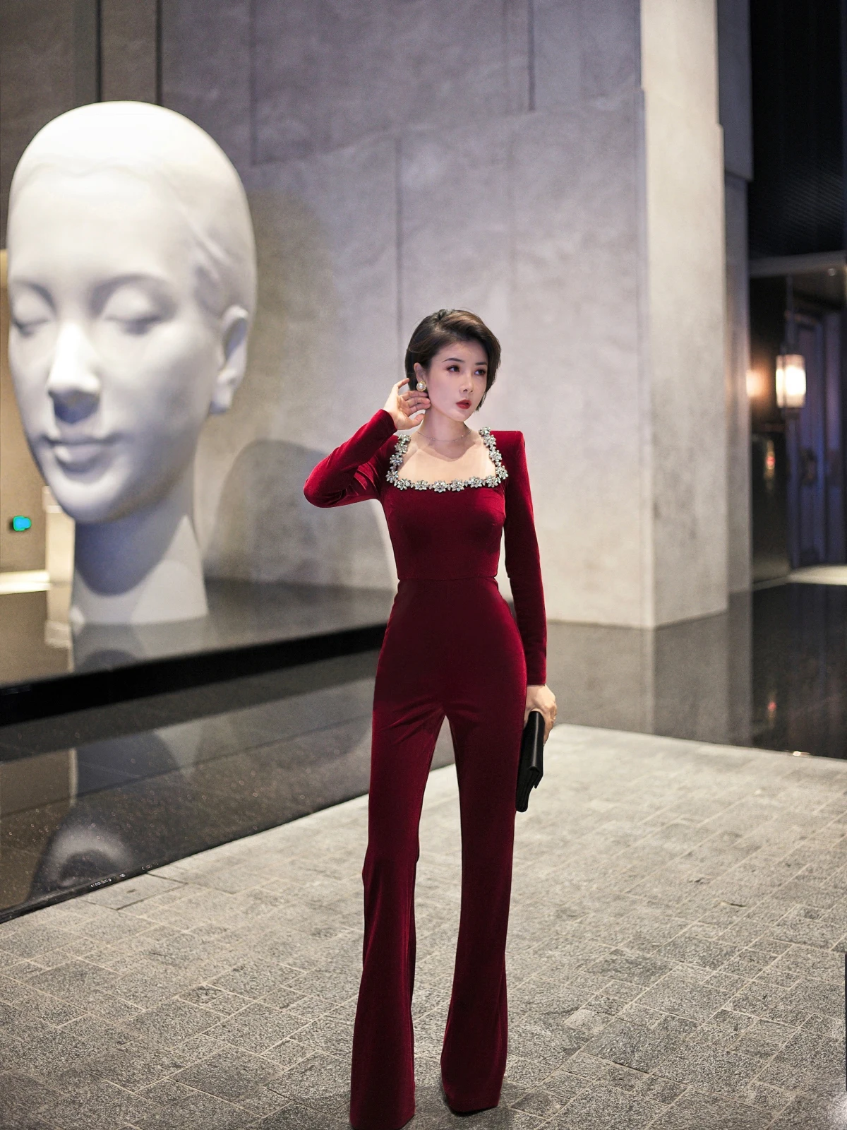 

Винтажный бархатный комбинезон Ele с высокой талией, длинными рукавами, квадратным воротником и стразами, оригинальный дизайн для женщин