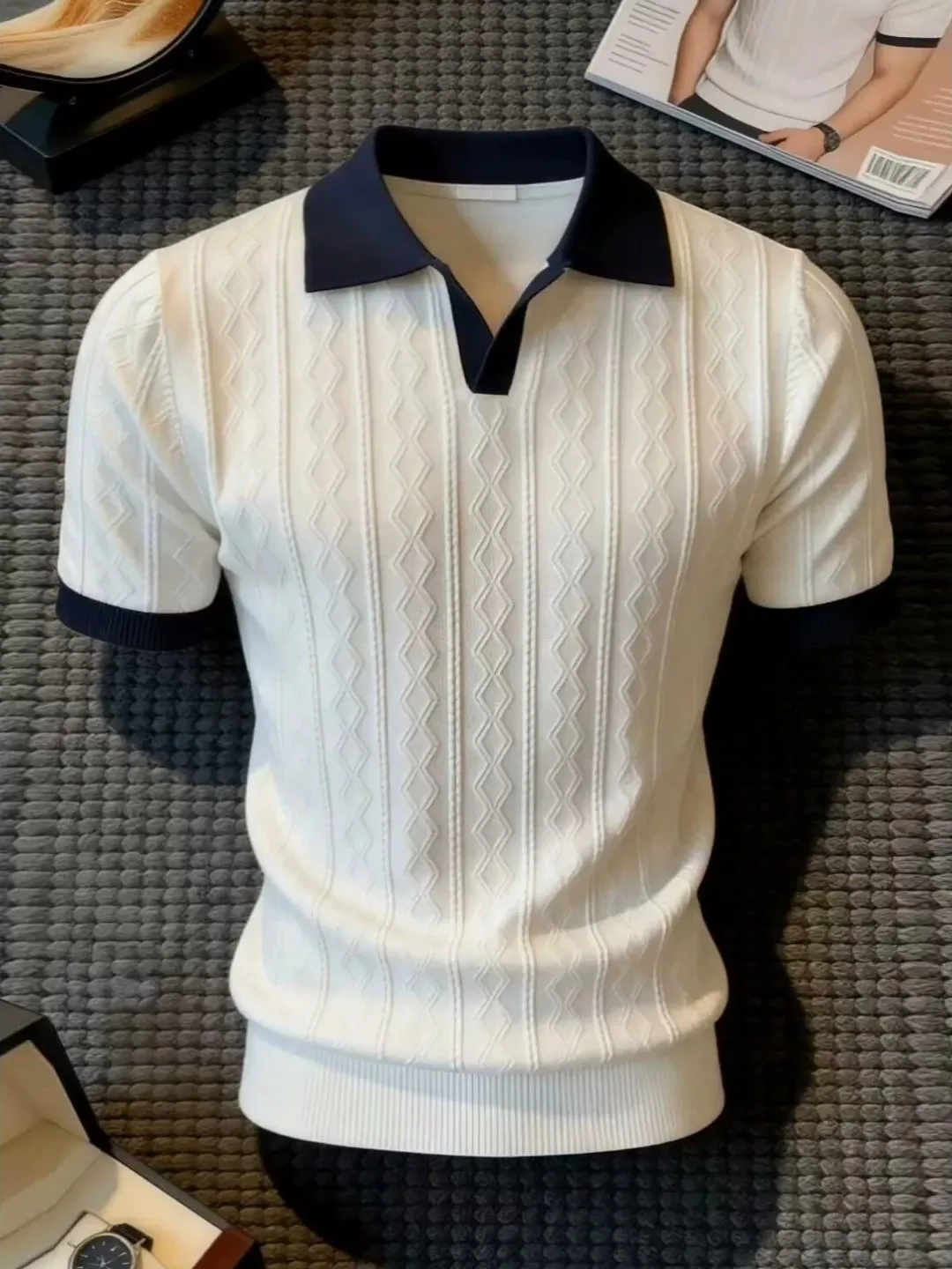 Camiseta de punto blanca de manga corta para hombre, con hombreras, corte ajustado, cintura ceñida, media manga, sensación fresca, informal, para verano.