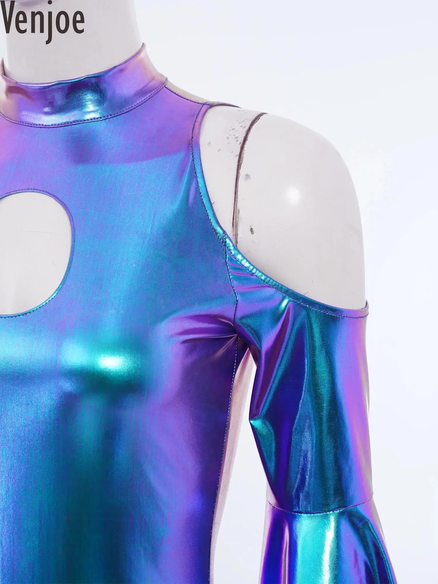 

Womens Metallic Shiny Bodysuit Mock Neck Cold Shoulder Keyhole Exaggerate Flared Sleeve Leotard Jumpsuit 70s Disco Dancewear