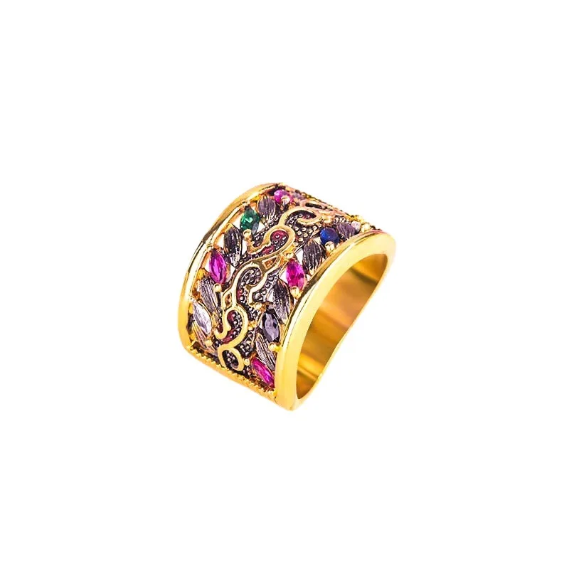 Explosive gothic style luxury colored gemstone ring 18k gold plated engagement ring female