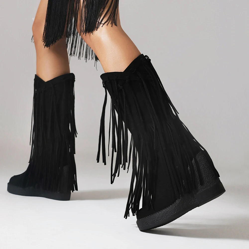 Autumn Winter New Fashion Ethnic Woman Bohemian Flock Tassle Hidden Moccasin Wedge Mid-Calf Boots Fringe Female Slip On Shoes